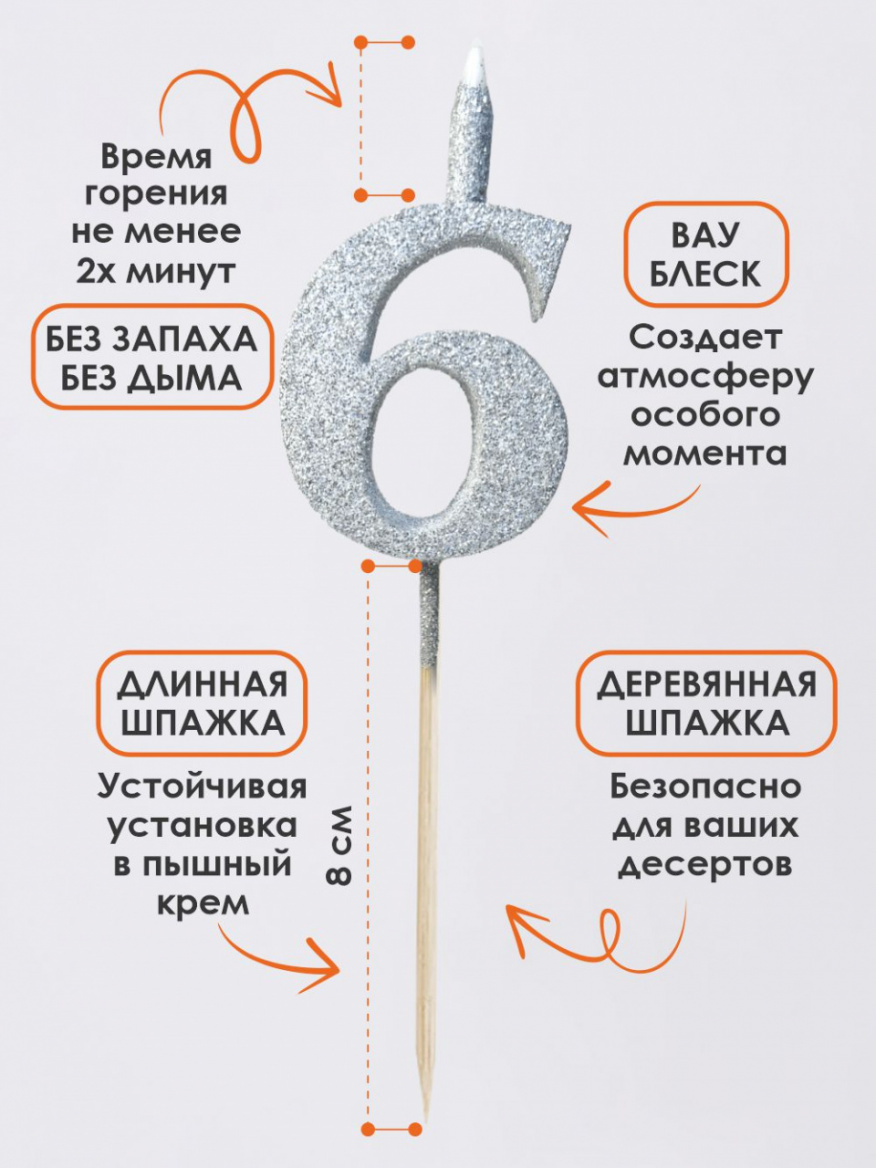 Свеча для торта Топпер супер блеск серебро 6 на шпажке 3516106