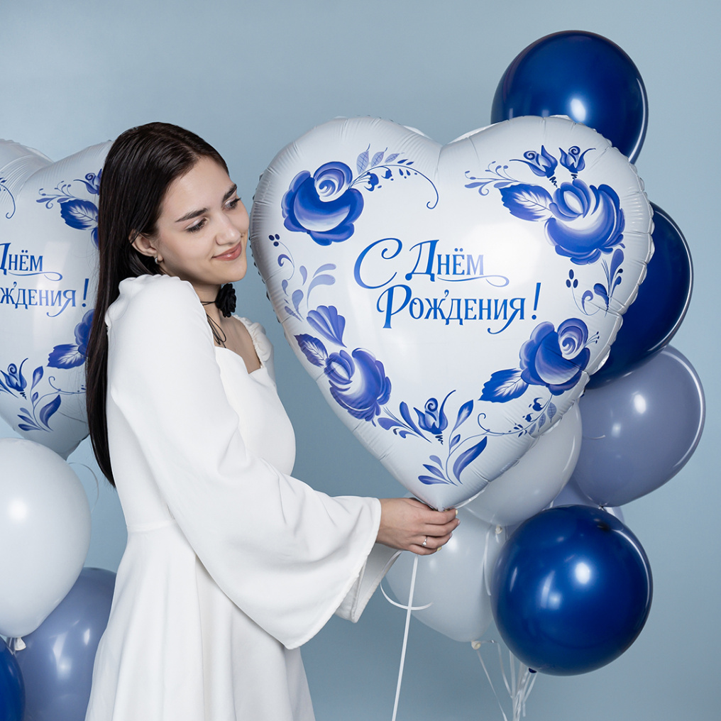 Шар фольга С ДР Гжель AG30"/76см сердце (Россия) 943494