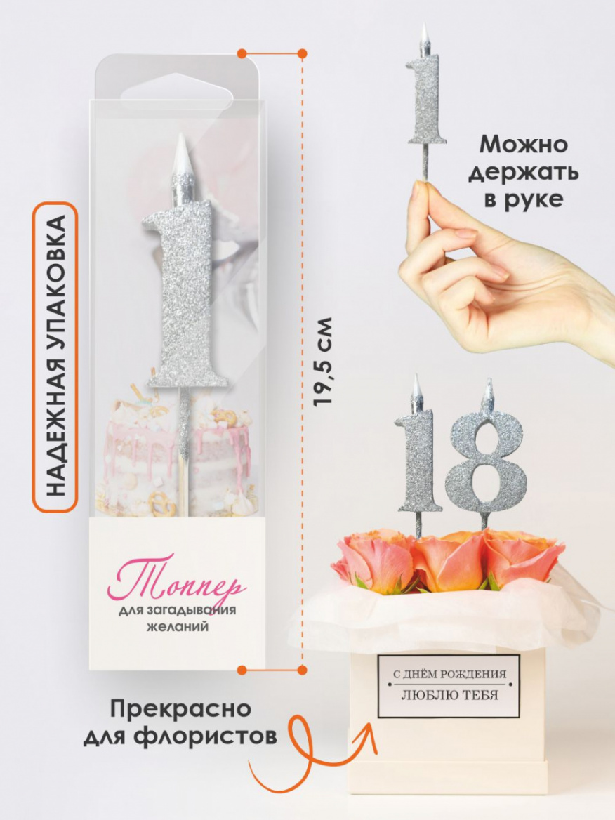 Свеча для торта Топпер супер блеск серебро 1 на шпажке 3516101