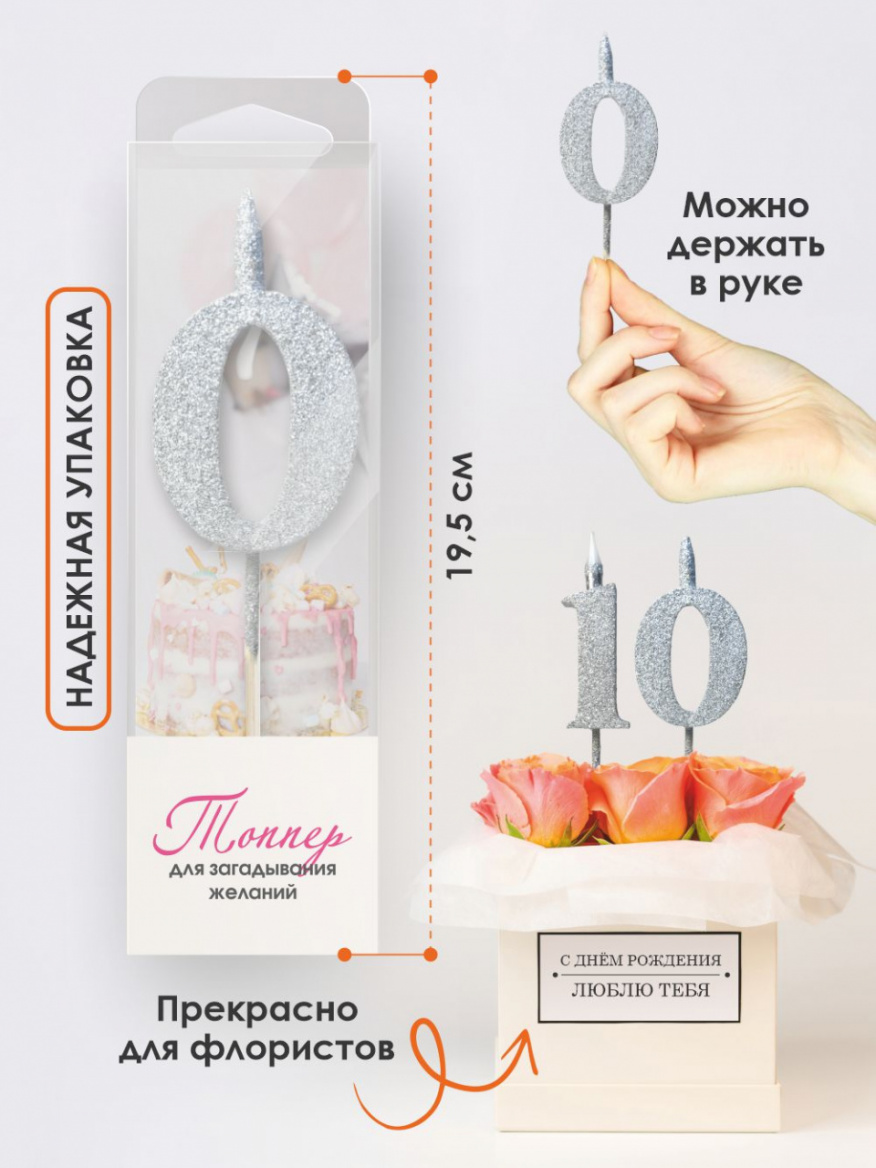 Свеча для торта Топпер супер блеск серебро 0 на шпажке 3516100